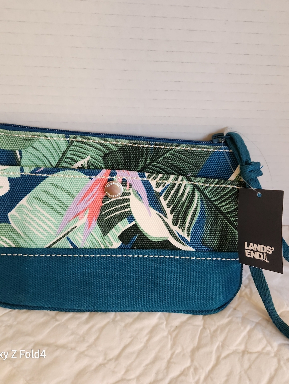 Lands' End Teal Tropical Leaf Wristlet with Pink Accent